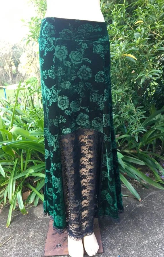 Floral embossed velvet skirt in a stunning forest green tone with a blue/black lace front insert. Size Medium (Aust size 12-14). by FlourishDesignsJeht steampunk buy now online Floral embossed velvet skirt in a stunning forest green tone with a blue/black lace front insert. Size Medium (Aust size 12-14). by FlourishDesignsJeht steampunk buy now online
