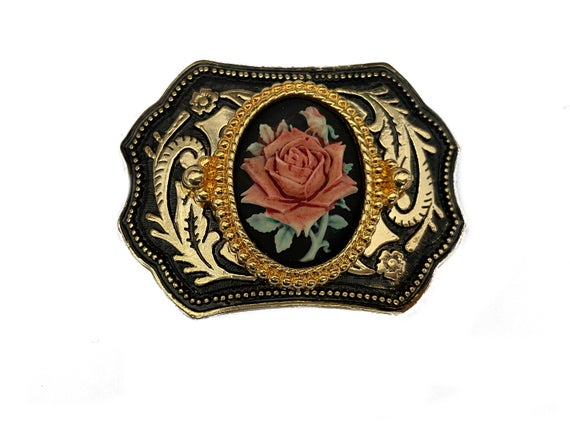 Hand Painted Rose Cameo Belt Buckle - Portrait Gold Flower Western Cowgirl Wild West Bouquet Horse Gift Costume Goth Cabochon Black Floral by BeltsBucklesBolos steampunk buy now online