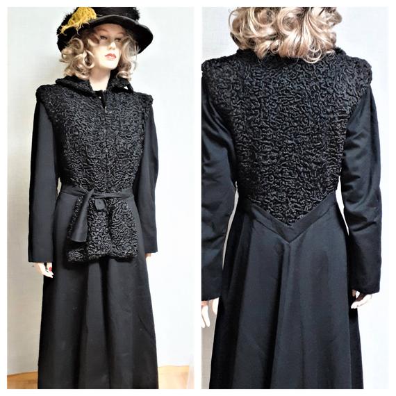 Luxury 1940's Coat - Black Gaberdine and Virgin Lamb Fur Coat - Suffrage Style Black Maxi Coat - Victorian Coat - Edwardian Coat - Steampunk by HippieVintageGirl steampunk buy now online