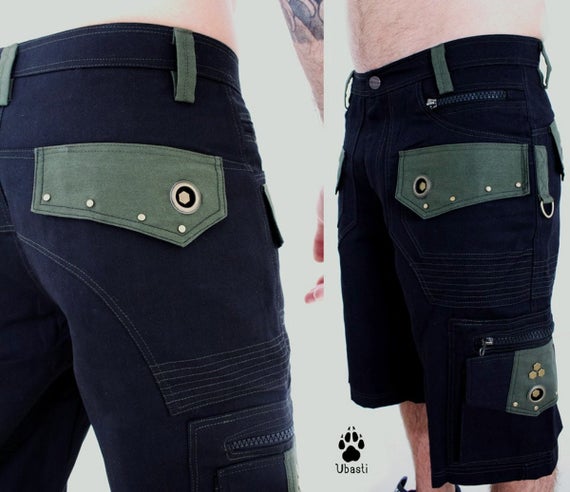 Men Shorts - Cargo Pants - Studs - Rivets - black - olive by KarmaSyndikat steampunk buy now online