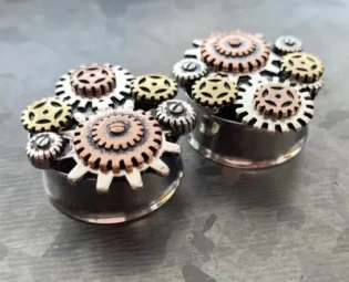 PAIR of Unique Steampunk Gear Surgical Steel Double Flare Tunnels/Plugs - Gauges 2g (6mm) thru 1" (25mm) available! by LobalDomination1 steampunk buy now online