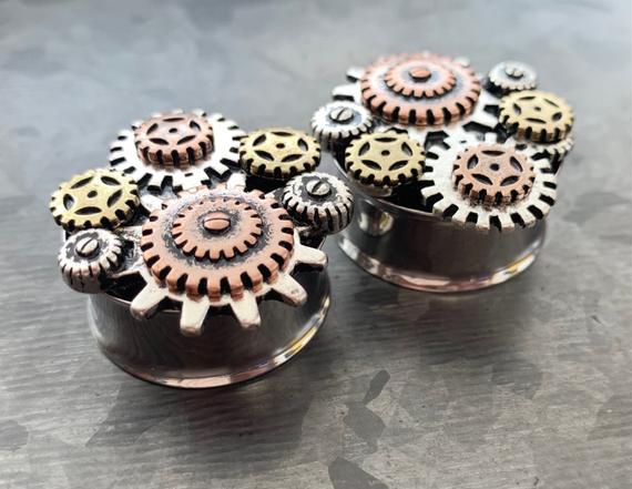 PAIR of Unique Steampunk Gear Surgical Steel Double Flare Tunnels/Plugs - Gauges 2g (6mm) thru 1" (25mm) available! by LobalDomination1 steampunk buy now online