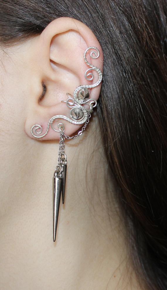 Pierced silvering Ear Cuff with Chains,Cones or Spikes - rock/ goth/ art deco/ steampunk style by Flamens steampunk buy now online