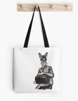 Steampunk black white tote bag - Hare Illustration - Waiting for a Train - School bag for files folders - Whimsical Anthropomorphic Animals by spankyspanglerdesign steampunk buy now online