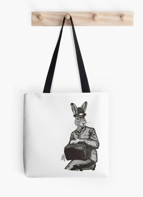 Steampunk black white tote bag - Hare Illustration - Waiting for a Train - School bag for files folders - Whimsical Anthropomorphic Animals by spankyspanglerdesign steampunk buy now online