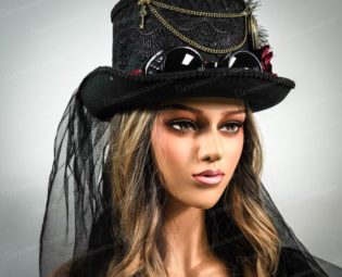 Steampunk Hat with Veil Black Tall Hat Halloween Decor Headpiece Steampunk Costume Hats Cosplay Veil Cosplay Costume Hat Feathers Red Roses by 4everstore steampunk buy now online