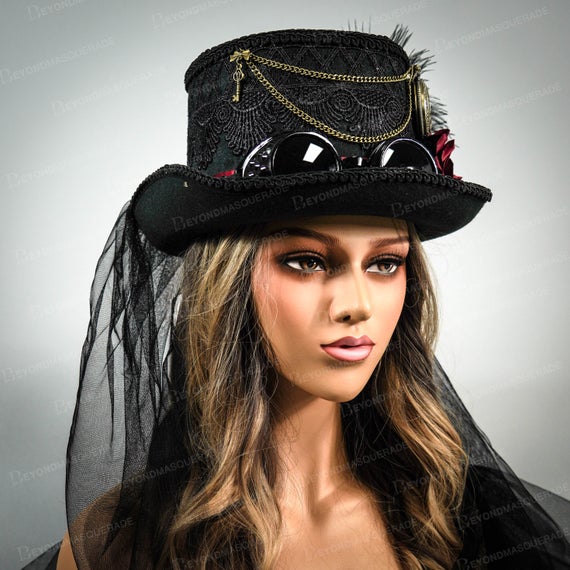 Steampunk Hat with Veil Black Tall Hat Halloween Decor Headpiece Steampunk Costume Hats Cosplay Veil Cosplay Costume Hat Feathers Red Roses by 4everstore steampunk buy now online