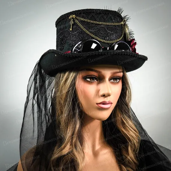 Steampunk Hat with Veil Black Tall Hat Halloween Decor Headpiece Steampunk Costume Hats Cosplay Veil Cosplay Costume Hat Feathers Red Roses by 4everstore steampunk buy now online Steampunk Hat with Veil Black Tall Hat Halloween Decor Headpiece Steampunk Costume Hats Cosplay Veil Cosplay Costume Hat Feathers Red Roses by 4everstore steampunk buy now online