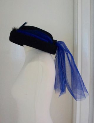 Upcycled Steampunk Electric Blue Net And Deep Blue Pure Wool Riding Hat With Feather Detail by IndustriousImaginare steampunk buy now online