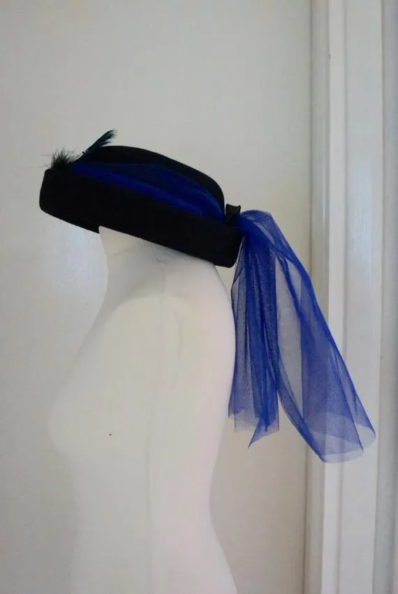Upcycled Steampunk Electric Blue Net And Deep Blue Pure Wool Riding Hat With Feather Detail by IndustriousImaginare steampunk buy now online