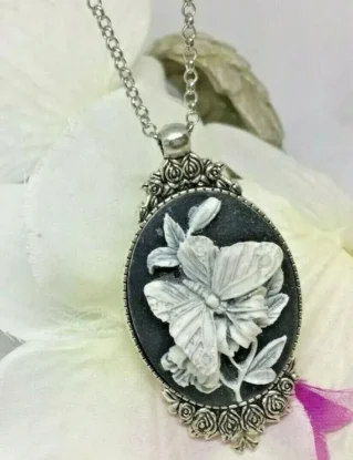 Victorian Jewelry White and Black Butterfly Cameo Ladies Silver Necklace Pendant by FancyFoxBoutique2 steampunk buy now online