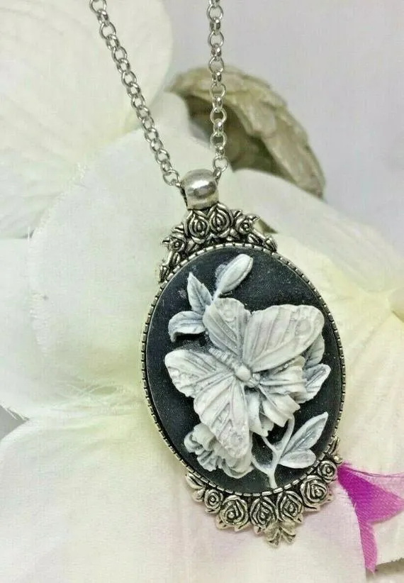 Victorian Jewelry White and Black Butterfly Cameo Ladies Silver Necklace Pendant by FancyFoxBoutique2 steampunk buy now online