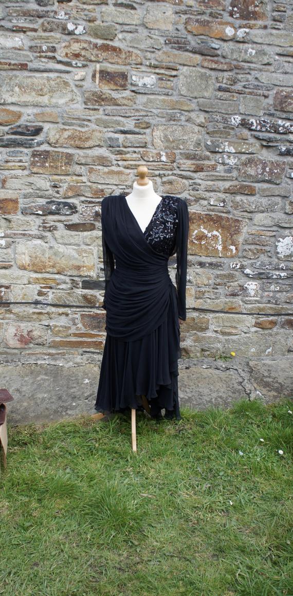 Vintage, 1980s, Saks Fifth Avenue, Tadashi, US Size 8, Women's, Long Sleeve, Floaty, Evening, Dress, Black Sequin Detail, High Fashion, by BNSHFashion steampunk buy now online
