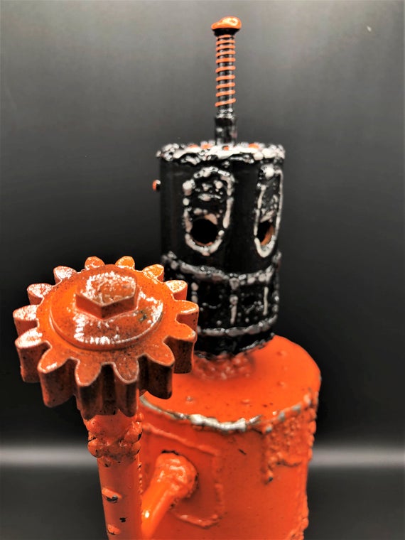 037, Welded Metal Robot Zombie Sculpture, Orange Party Time Robot by RobotArmyZ steampunk buy now online