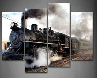 A Car And Train With Gray Smoke Steam Trains In Progress Wall Art Painting The Picture Print On Canvas Car Pictures For Home Decor Decoration Gift steampunk buy now online