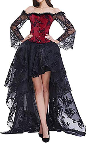 EUDOLAH Women's Gothic Steampunk Steel Boned Corset Dress Skirt Set Costume (UK 12-14 (XL), Black Red) steampunk buy now online