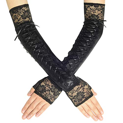 Coucoland Steampunk Gloves Lace Up Fingerless Gloves Adjustable Long Gloves for Evening Party (Laceblack 2) steampunk buy now online
