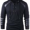 Men Gothic Steampunk Drawcord Lace up Hoodie Medieval Knight Long Sleeve Stitching Leather Armor Sweatshirt Pullover Black, M steampunk buy now online