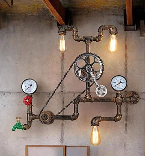 Wall Light Vintage Lighting Indoor Retro Industrial Style Antique Bicycle Chain Design E27 3 Heads DIY Do The Old Iron Water Pipe Gear Wall Lamp for Bar Restaurant Coffee Shop and Home Decoration Use steampunk buy now online