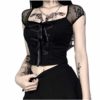 MSemis Women Gothic Lace Patchwork T Shirt Tops Square Neck Long/Short Sleeve Lace-up Punk Blouse T Shirts Black Short Sleeve S steampunk buy now online