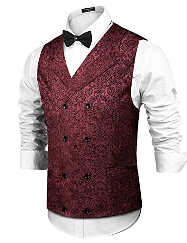 COOFANDY Mens Victorian Vest Steampunk Double Breasted Suit Vest Slim Fit Brocade Paisley Floral Waistcoat - red - Large steampunk buy now online