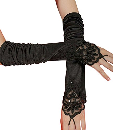 iLoveCos Opera Gloves Long Glove 1920s Accessories Flapper Costume Finger-less Lace Gloves Women Roaring 20' s Party Decoration Accessories Classic Satin Elbow Length Gloves (Black) steampunk buy now online