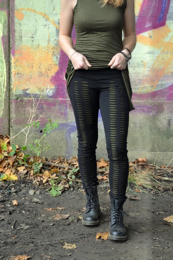 Black Long Cut-Out Leggings, Festival Distressed Alternative Leggings, Steampunk Tribal Clothing, Boho Goth Tribal Clothing, Hippie Clothing by coisasEDGY steampunk buy now online