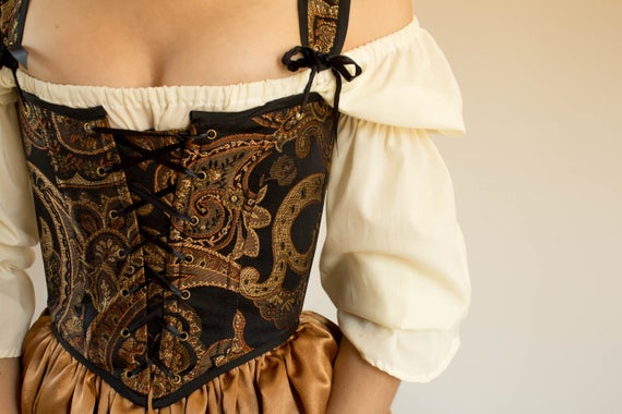 Renaissance Corset Peasant Bodice in Black Paisley with Straps or Strapless, Victorian, Elizabethan, Overbust, Underbust | Cottage Core by FrenchMeadows steampunk buy now online