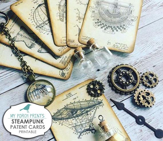 Steampunk Cards, Pocket Letter, Patent, Kit, Card, Junk Journal, Ephemera, Scrapbook, Collage, Embellishment, Printable, Paper, Vintage by MyPorchPrints steampunk buy now online