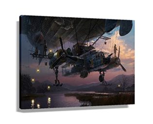 Steampunk Blimp Fishing Art Deco Poster Kitchen Picture for Bedroom Decor Hanging Print on Canvas Wall Decorative Home Decorations (36x24inch(90x60cm),Unframed) steampunk buy now online