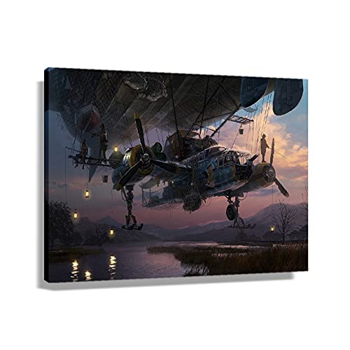 Steampunk Blimp Fishing Art Deco Poster Kitchen Picture for Bedroom Decor Hanging Print on Canvas Wall Decorative Home Decorations (36x24inch(90x60cm),Unframed) steampunk buy now online