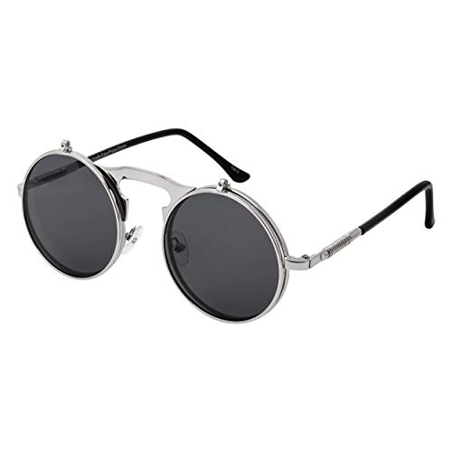 Ultra Silver Frame Black Lenses Flip Up Round Steampunk Sunglasses Steampunk Goggles Retro Mens Womens UV400 Cyber Gothic Circle Glasses Aesthetic Circle Sunglasses Steampunk Accessories steampunk buy now online