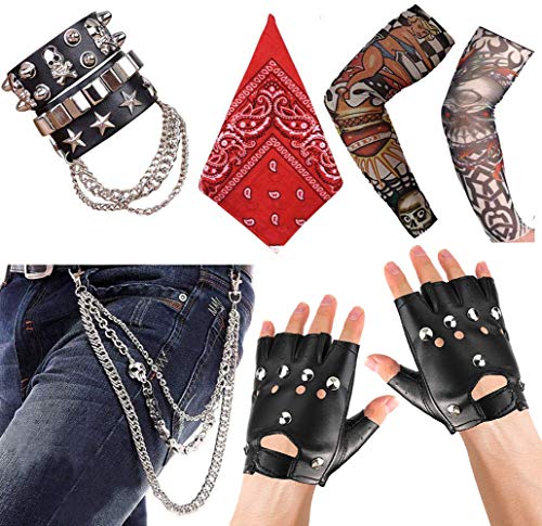 APERIL Punk Gothic Rocker Kit 70s 80s 90s Costume Accessories with Punk Gloves, Bandanas, Punk Trousers Skull Chain, Leather Bracelet and Arm Fake Tattoo Sleeves Cover for Men Women steampunk buy now online