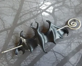 Black bat leather hair slide or shawl pin with spiral wire hairstick or wood stick. Gothic gift for her. Vampire bat barrette by beadmask steampunk buy now online
