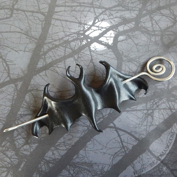 Black bat leather hair slide or shawl pin with spiral wire hairstick or wood stick. Gothic gift for her. Vampire bat barrette by beadmask steampunk buy now online