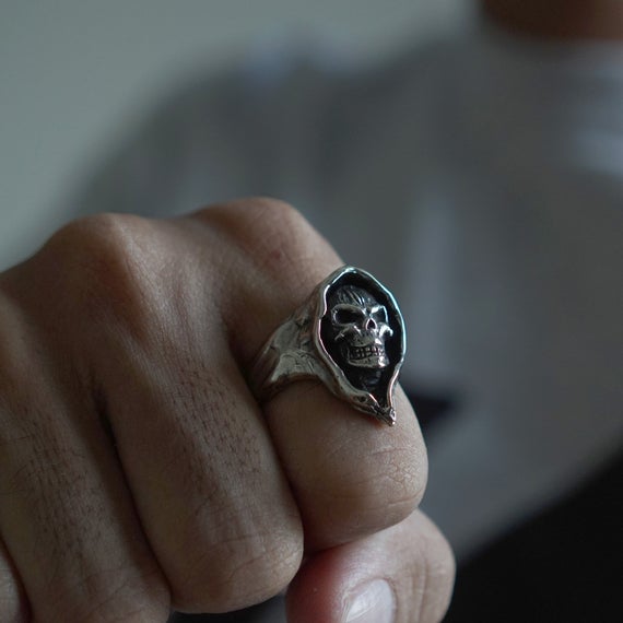 grim Reaper skull hood ring for men made of sterling silver 925 Gothic by sixga steampunk buy now online