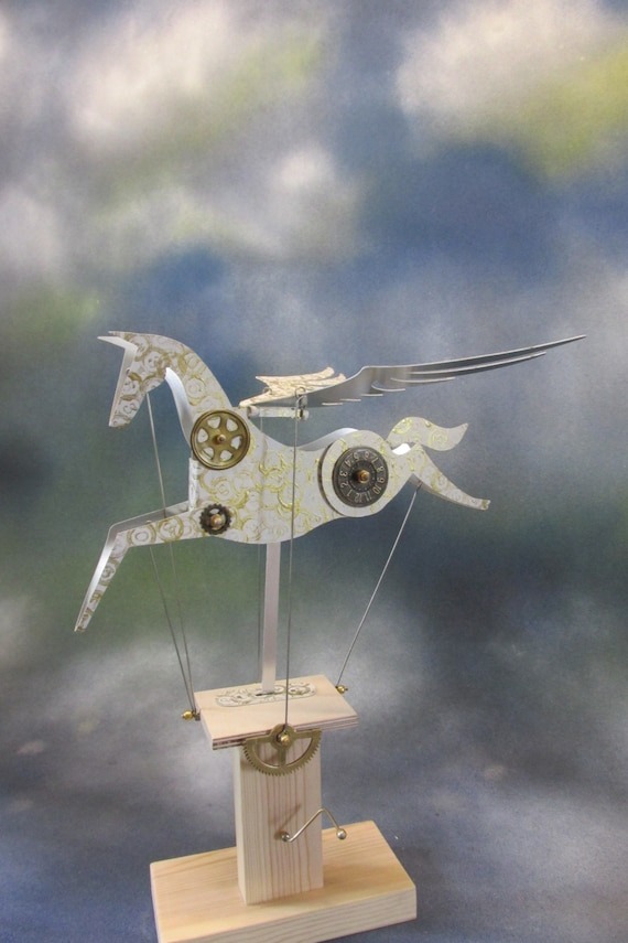 Large Steampunk Aluminium Pegasus Automata in white and gold by Newsteadautomata steampunk buy now online
