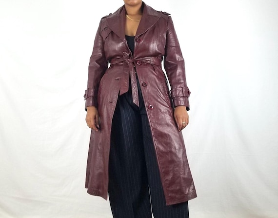 Plus Size Vintage 90s 80s Red Maroon Burgundy Leather Belted Trench Coat Jacket Button Up Steampunk Soft Grunge Minimal Size 16 by newnostalgiavtg steampunk buy now online