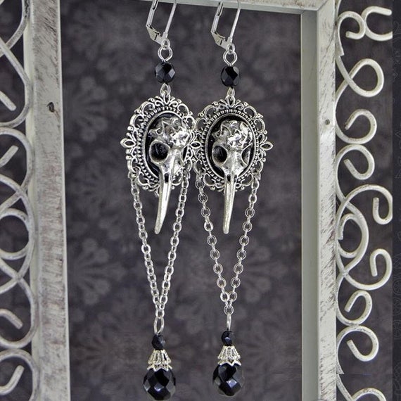 Raven Skull Dangle Earrings / Pentagram Goth Witch Steampunk Grim Death Dark Devil Satan Pagan Oddities Elegant Victorian Cryptid Cosplay by TheWickedPeachShop steampunk buy now online