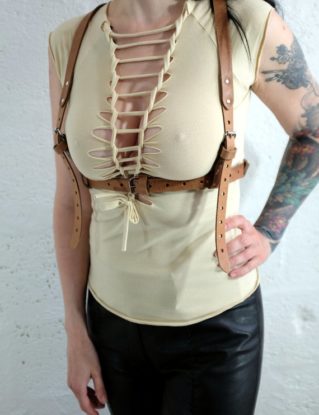 Tan Leather Chest Harness Y Back, steampunk, wasteland, festival, cyberpunk, unisex, burning man by Vontoon steampunk buy now online