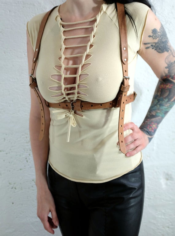 Tan Leather Chest Harness Y Back, steampunk, wasteland, festival, cyberpunk, unisex, burning man by Vontoon steampunk buy now online