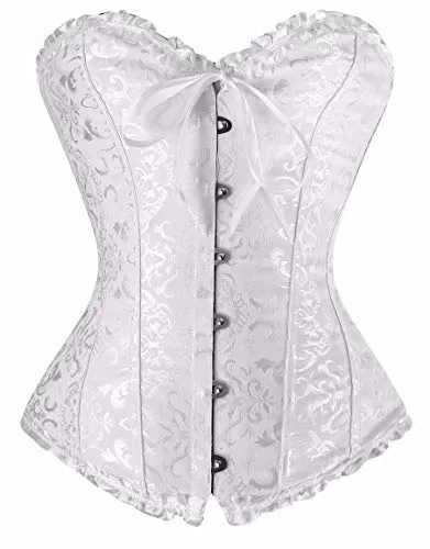 Dreamburn Bustiers Corsets Bridal Lingerie Lace up Satin Boned Corset Women's Gothic Corsets Cinchers Overbust Bodysuit (White, X-Large(UK10-12)) steampunk buy now online