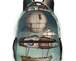 Casual Backpack，Steampunk Hot Air Balloon Airship Tale Boat T，Travel Bookbag With Zipper，For Business, School, Work, Laptop Bookbag 16"X11.5"X8" steampunk buy now online