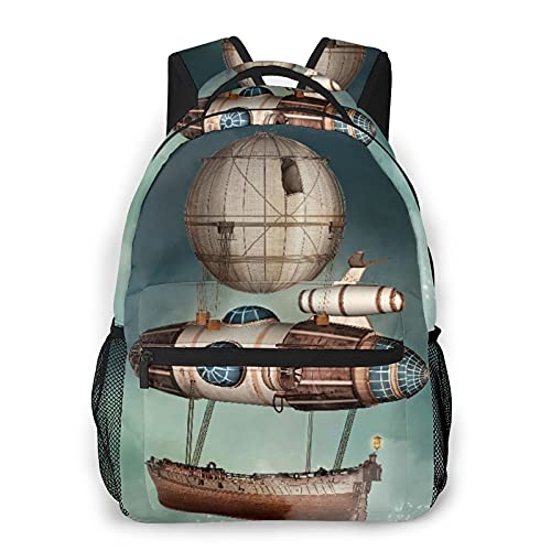 Casual Backpack，Steampunk Hot Air Balloon Airship Tale Boat T，Travel Bookbag With Zipper，For Business, School, Work, Laptop Bookbag 16"X11.5"X8" steampunk buy now online