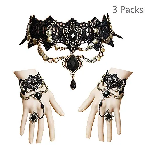 Daimay Black Choker Lace Necklace with Bracelet Set Punk Party Gothic Vintage Handmade Lolita Retro Bracelet Wristband for Women – Style 2 steampunk buy now online