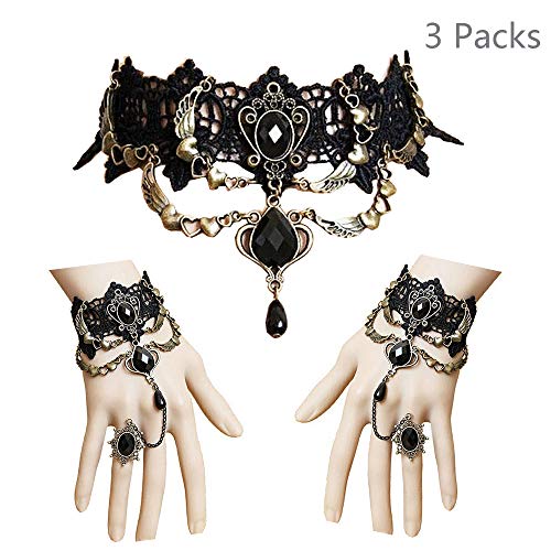Daimay Black Choker Lace Necklace with Bracelet Set Punk Party Gothic Vintage Handmade Lolita Retro Bracelet Wristband for Women – Style 2 steampunk buy now online