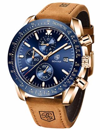 BENYAR Waterproof Chronograph Men Watches Fashion Casual Leather Band Strap Wrist Watch (Brown Blue) steampunk buy now online