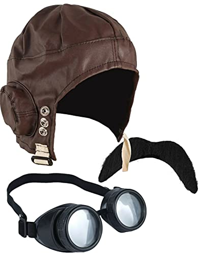 DreamzFit - Men Women Aviator Pilot Hat Steampunk Goggles And Mustache 1940s Wartime Adult Fancy Dress Costume Accessory (Aviator Pilot 3PCs Set) steampunk buy now online