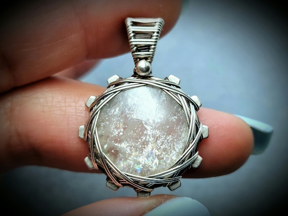 African White Moonstone Pendant, Wire Wrap Moonstone Necklace, Gemstone Steampunk Jewelry, Sacred Geometry, Silver Fill Crystal Necklace by SCStoneCrafts steampunk buy now online