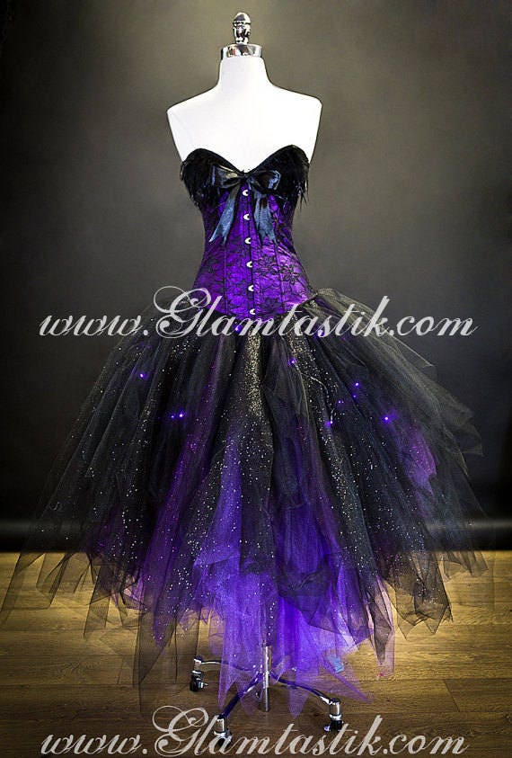 Custom Size Light up Purple and Black lace feather sparkle Burlesque witch costume day of the dead Corset prom dress by Glamtastik steampunk buy now online